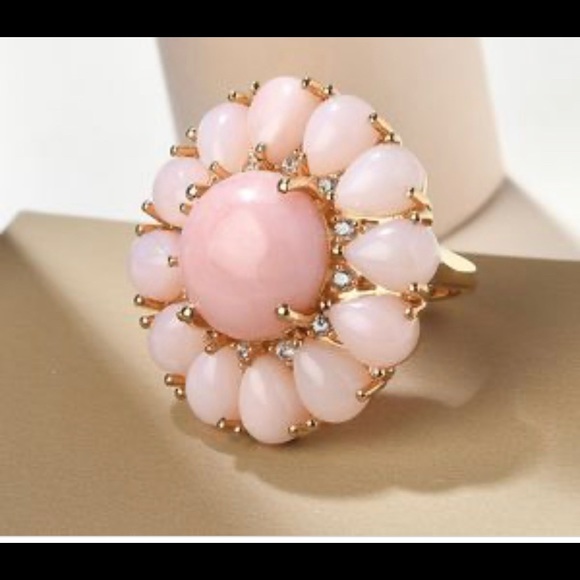 Pink Opal and White Zircon Floral Ring Vermeil Yellow Gold Over Sterling Silver - Picture 2 of 6